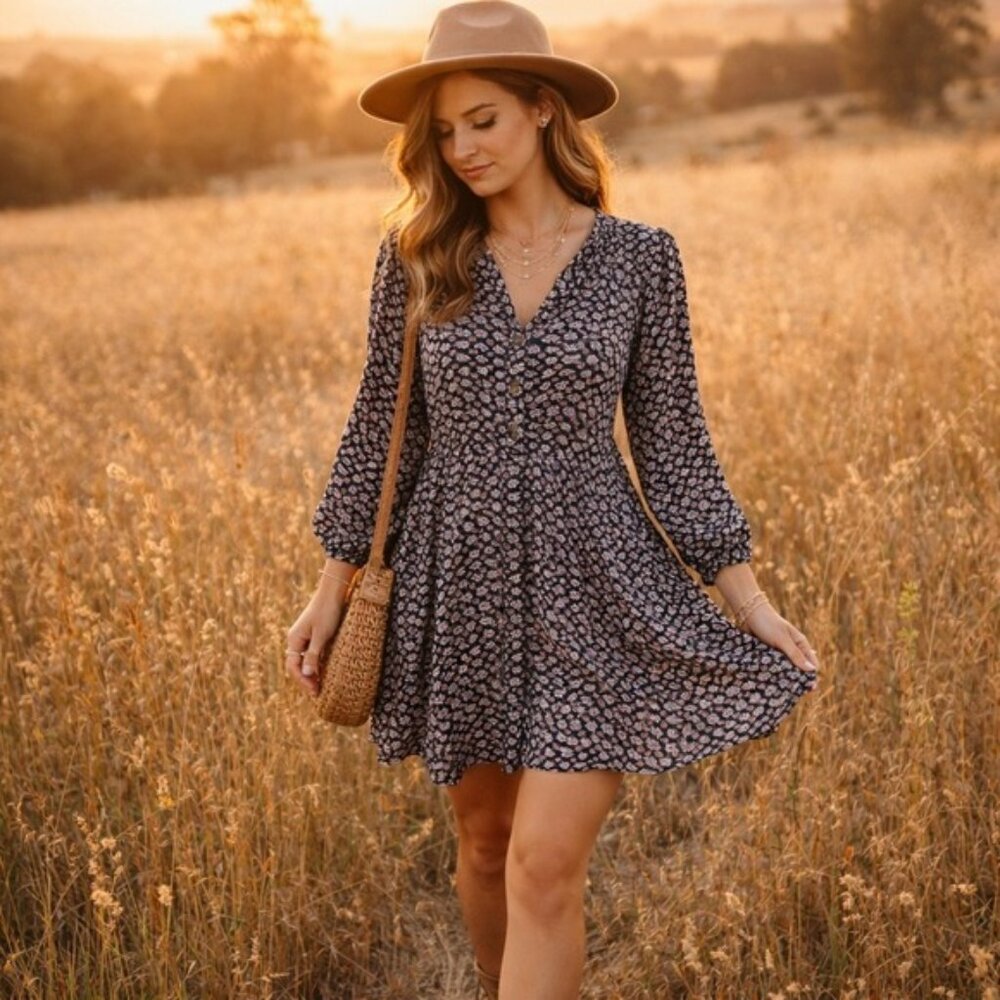 Angie Floral Boho Button Front Dress Long Sleeve Mini Cottagecore Festival